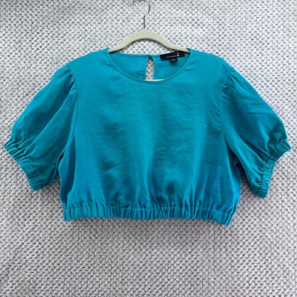 Broadway Crop Top Womens L Blue Teal Linen Crew Short Puff Sleeve Key Hole Boho